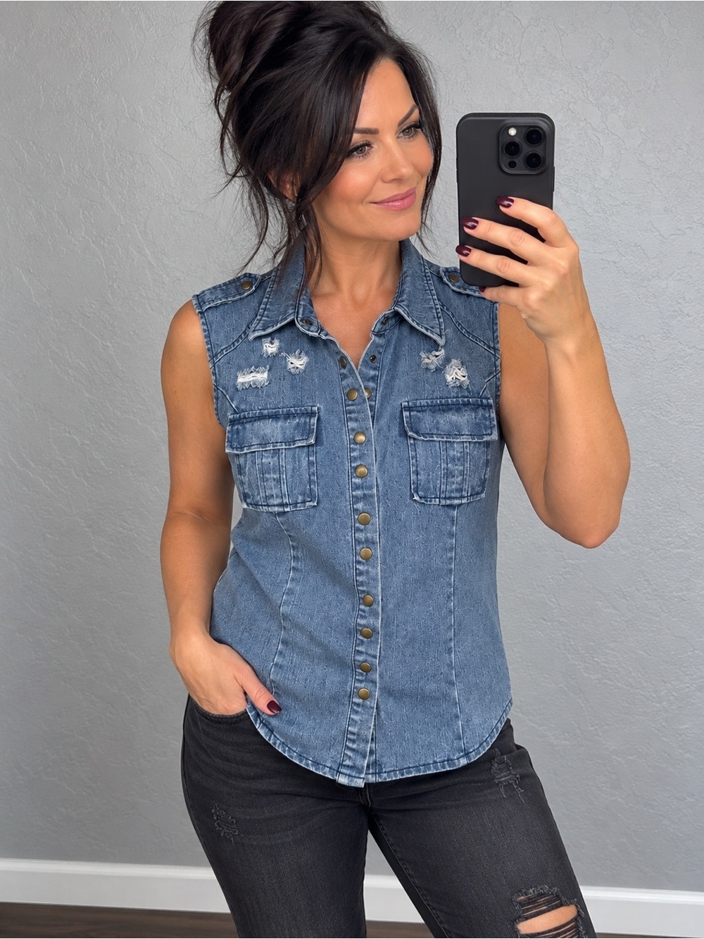 Prime Denim Sleeveless Button-Up Shirt